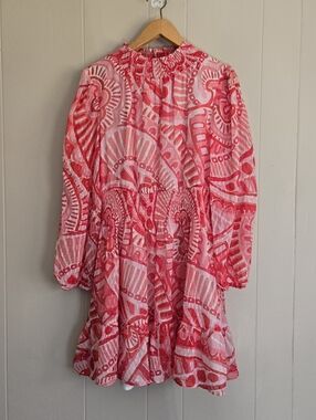 STS Sail To Sabel Silk Mini Dress Smocked Neck Waist Red Pink Flowy Feminine M